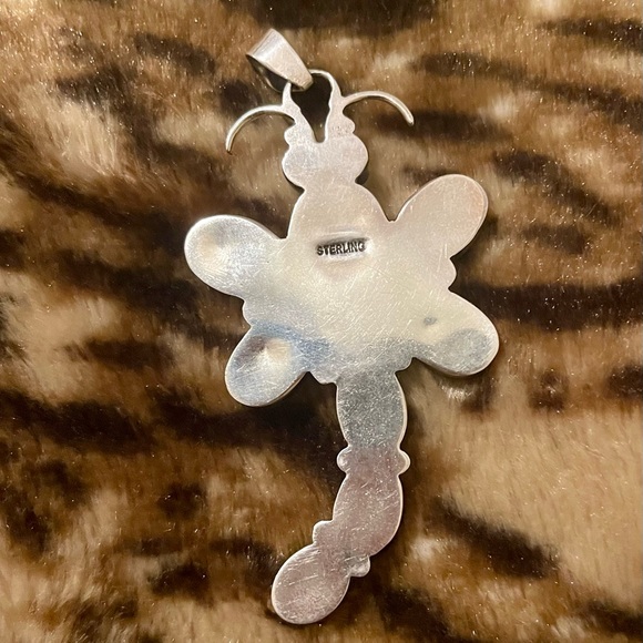 Huge Native American Sterling Silver Turquoise Dragonfly Pendant - Picture 3 of 8